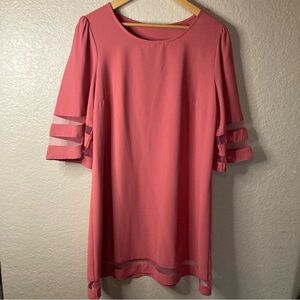 LookbookStore crewneck mesh panel 3/4 bell sleeve loose Dress in Cranberry